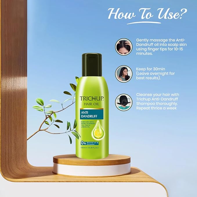 TRICHUP Anti-Dandruff Hair Oil with Tea Tree & Neem | Herbal Scalp Oil for Flaky, Itchy Scalp Relief | Ayurvedic Scalp Care | Deep Nourishment for hair care | Non-Greasy - 3.38 fl oz (Pack of 2)