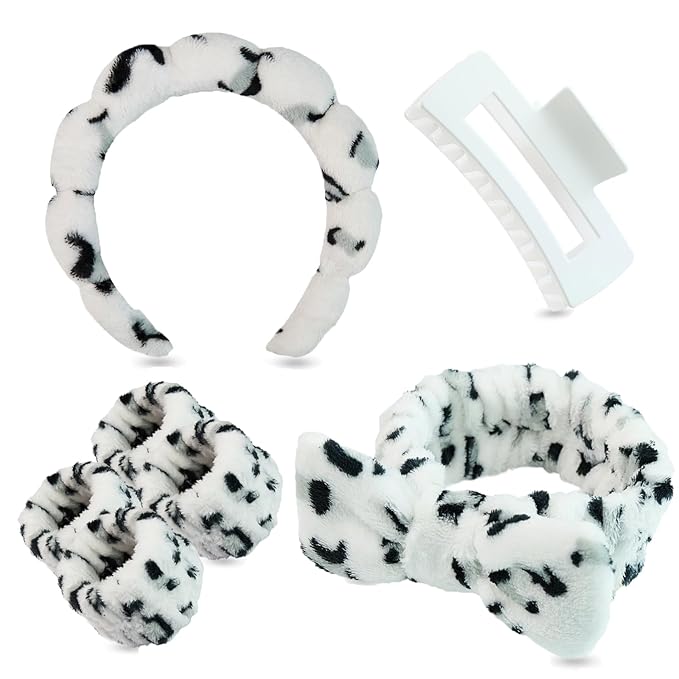 7 Pcs Spa Set, Facial Headband and Wristband Set, Skincare Accessories, College Style Girl Idea Gifts, Hair Accessories for Women and Girls（ Black White Leopard Print ）