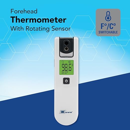 Zewa 4-Way Rotating Infrared Thermometer | Forehead Non-Touch Technology | Fast 1-Second Reading | Distance Detection | LCD 3-Color Display | Memory Recall | Measures Person & Objects