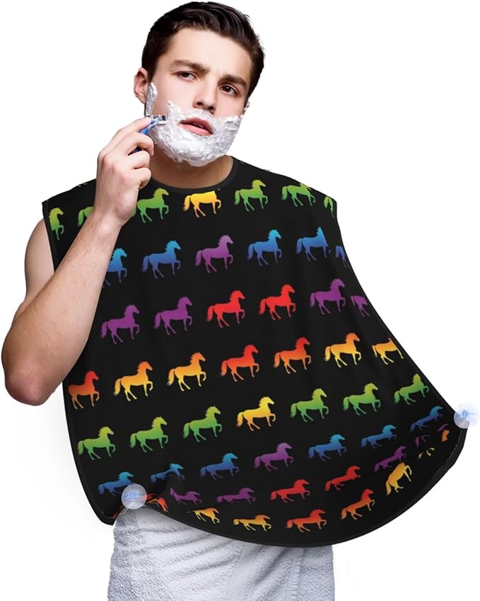 Waterproof Beard Grooming Bib, Rainbow Horse Black Shave Bib, Non-Stick Hair Catcher for Shaving Trimming, Apron Essential for Men Dad