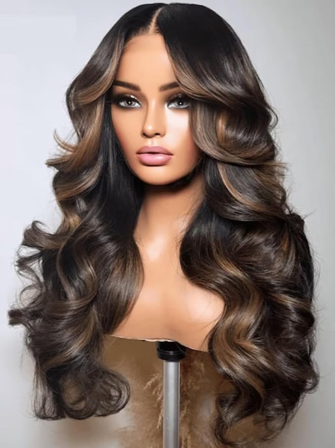 KLAIYI 13x4 Pre Everything Lace Front Chocolate Brown With Highlights Loose Body Wave Wig Human Hair Pre Cut Lace Pre Bleached Bye Bye Knots Pre Plucked Ombre Glueless Wear Go Wig Ready to Wear 26Inch