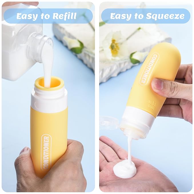 Silicone Travel Bottles for Toiletries with Labels, 3oz TSA Approved Squeezable Travel Size Containers, Leak Proof Travel Shampoo and Conditioner Bottles with Toiletry Bag (4 Pack, Light Color)