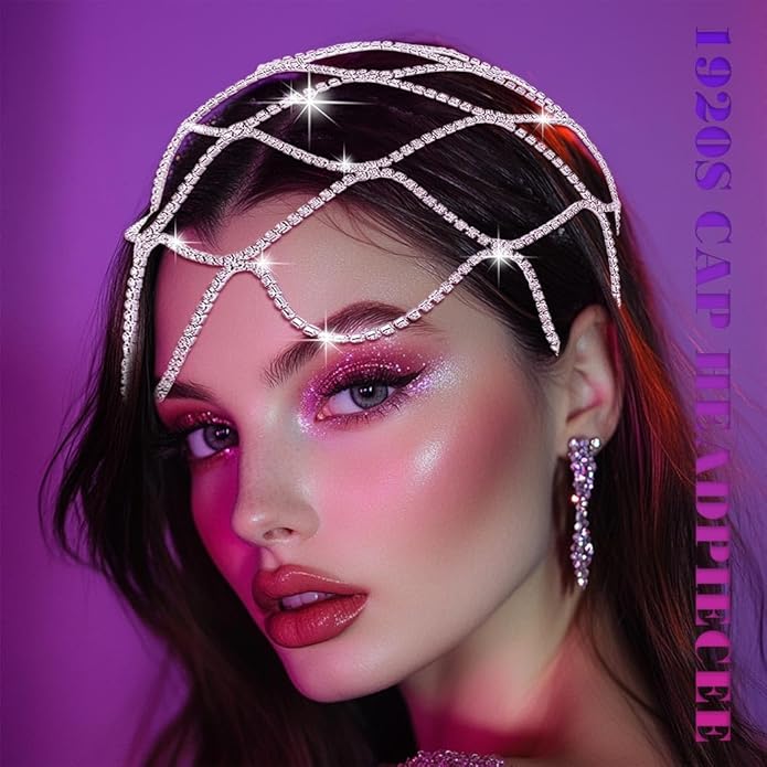 1920s Rhinestone Head Chain Jewelry Flapper Cap Headpieces Costume Hair Accessories for Women