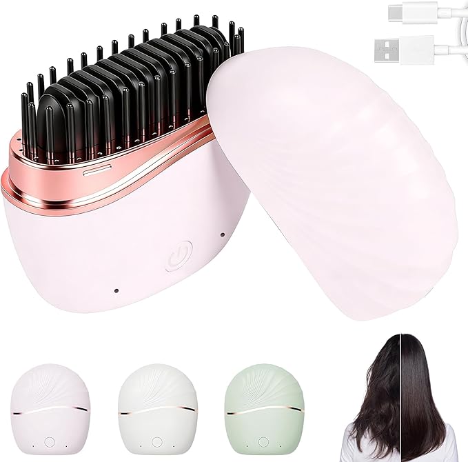 Mini Straightener,Mini Hair Straightener for Women,New Rechargeable Wireless Portable Hair Straightener Brush,Rapid-Heat with Three Temperature Controls,Heat-Resistant Shell Travel Comb (Pink)