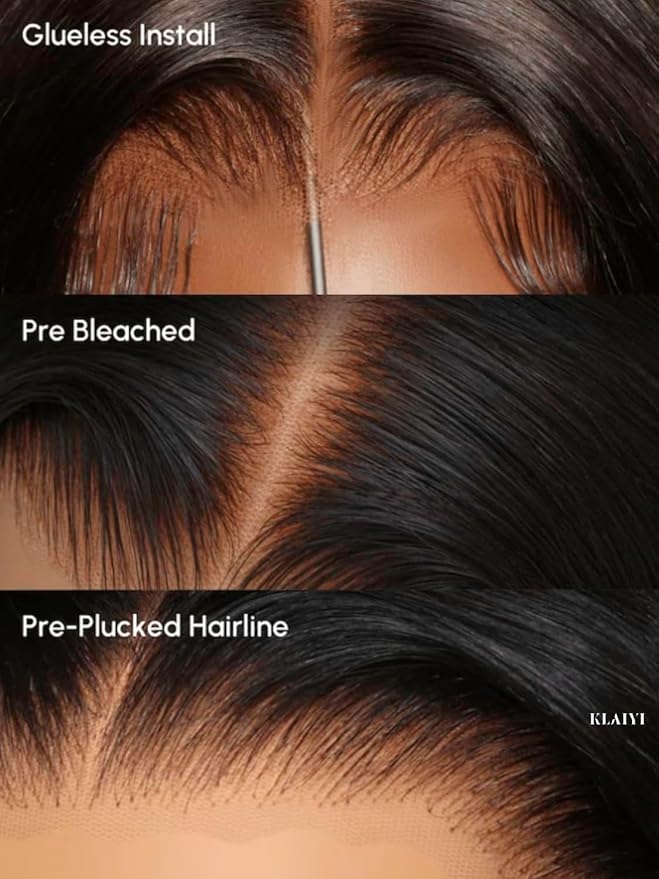 KLAIYI Fluffy Body Wave Curtain Bang Wig Bye Bye Knots Glueless Pre Cut 7x5 Lace Front Wigs Human Hair Loose Wave Pre Bleached Pre Plucked Pre Everything 3S Easy to Wear and Go Wig 180% Density 18Inch
