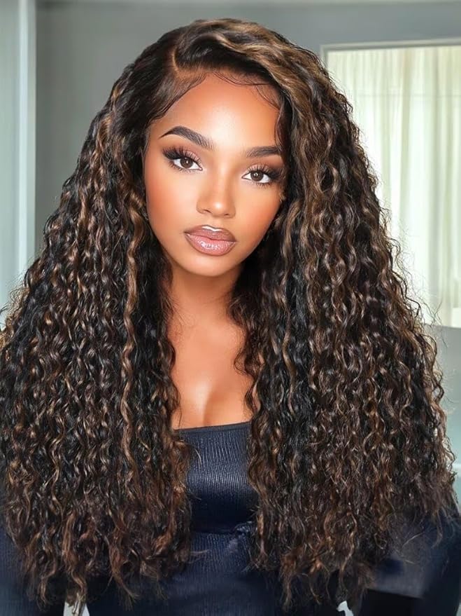Julia Hair Golden Brown Highlight Water Wave and Jerry Curly Wig Mixed Curls 13X4 Lace Front Pre Everything Wigs Glueless Human Hair Lace Frontal with Invisi Drawstring Ready to Go 22 Inch