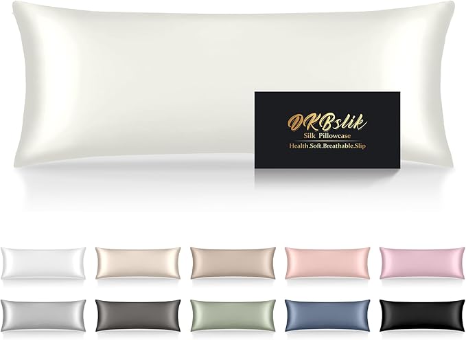 Silk Body Pillow Cases, Mulberry Silk Body Pillow Cover with Zipper, Smooth, Anti Acne, Cooling Sleep Both Sides Natural Silk Satin 20x54 Body Pillowcase, Gifts for Women Men, Ivory