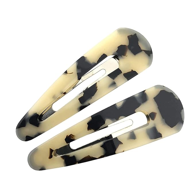 French Amie Clic Clac Large Handmade Celluloid Acetate Set of 2 Snap Hair Clips No Slip Side Slide-in Barrette for Women and Girls (White Tokyo)