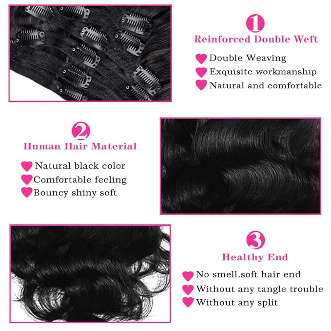 28Inch Clip in Hair Extensions Real Human Hair Body Wave 8Pcs Brazilian Human Hair Clip in Extensions with 18Clips Double Lace Weft 120g #1B Natural Black