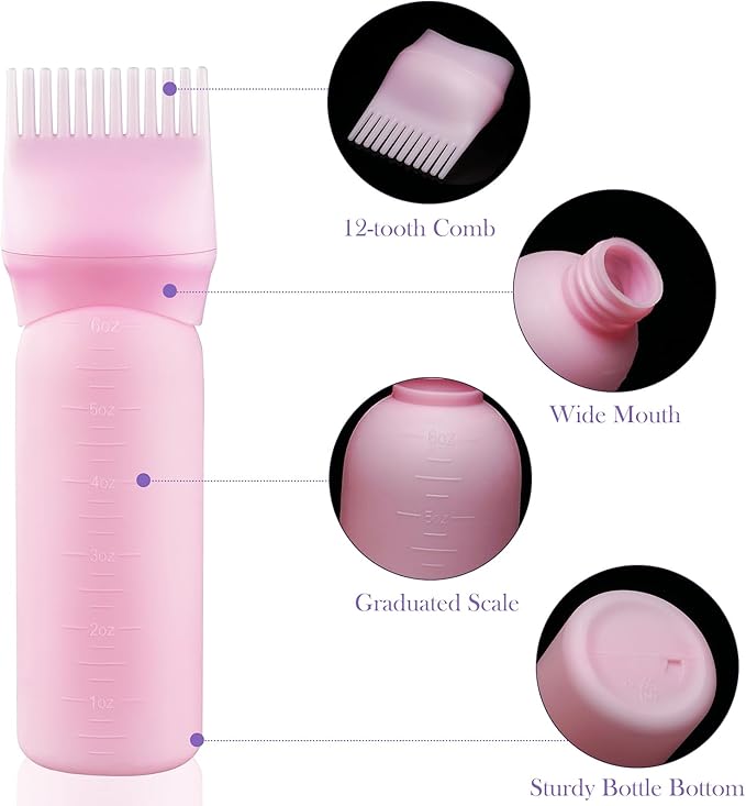 Cosywell Root Comb Applicator Bottle 6 Ounce Hair Dye Applicator Brush 3 Pack for Hair Root Comb Color with Graduated Scale(Pink White Purple)