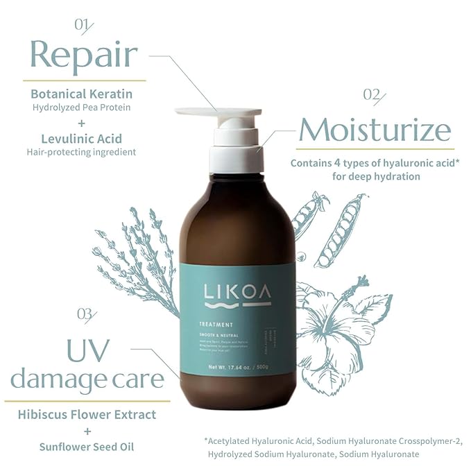 LIKOA, Smooth and Neutral Treatment, Vegan, Halal, Lightweight Moisture for Fine, Dry, or Tangle-Prone Hair, Botanical Hair Care, White Floral Scent, Made in Japan, 500g, 17.64oz