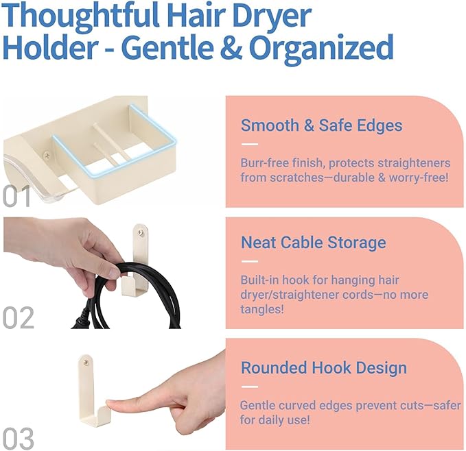 Hair Dryer and Straightener Holder, Hair Tool Organizer Wall Mount for Bathroom, Stainless Steel Straightener Holder, Blow Dryer Holder Adhesive/Drilling HairDryer Stand White UEMUSI