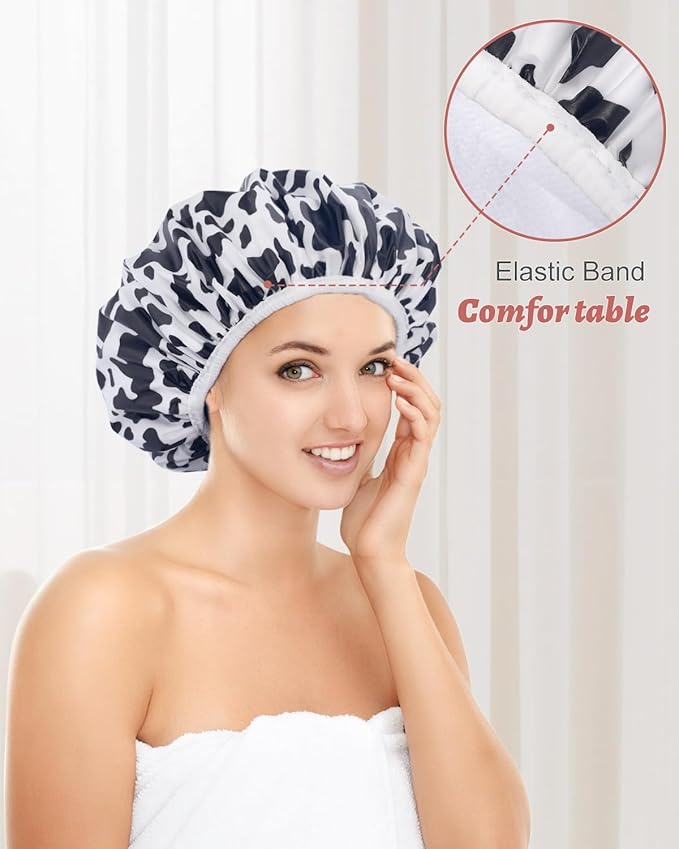 Auban Shower Cap, Shower Cap for Women Terry Cloth Lined EVA Exterior Reusable Double Layer Waterproof, Large Bath Hair Cap for All Hair Lengths, Hotel Travel Essentials Accessories Deep Conditioning