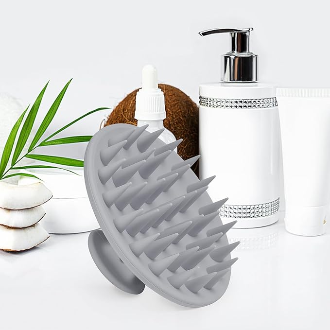 Silicone Scalp Massager Shampoo Brush, Scalp Brush for Hair Growth & Dandruff Removal, Hair Scrubber Scalp Stimulator Exfoliator Brush with Soft Bristles for Wet Dry Scalp Care (Grey)