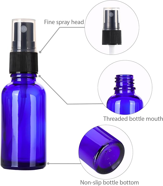 1 oz Glass Blue Spray Bottles,Small Empty Fine Mist Refillable Travel Spray Bottle for Cleaning,Perfume,Aromatherapy,Cosmetic Sprays,Hair,Essential Oils with Fine Mist Dispenser（6 Pack）
