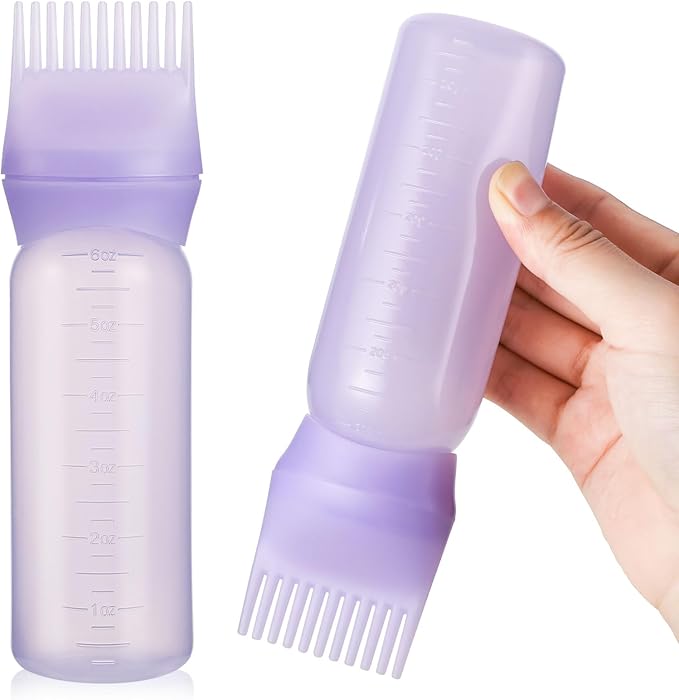 Pimoys Root Comb Applicator Bottle 6 Ounce, Oil Applicator for Hair Dye, Hair Oiling Bottle Brush with Graduated Scale, Purple