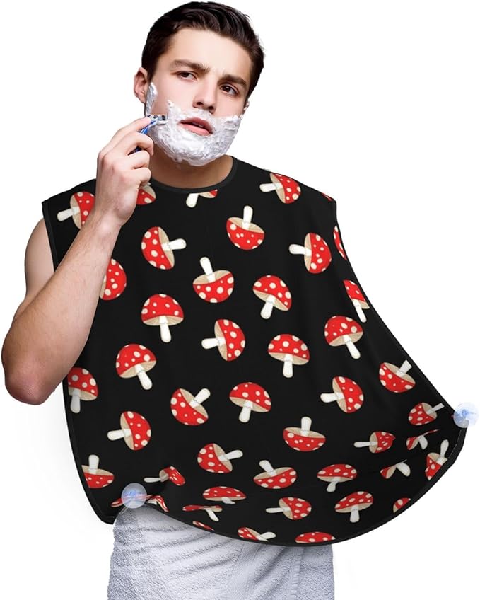 Ultimate Shaving Bib, Beard Trimming Apron with Hair Catcher, Cute Cartoon Red Mushrooms