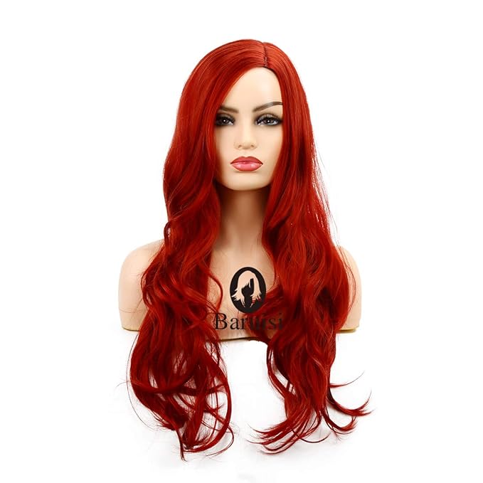 Baruisi Long Curly Wavy Red Wigs for Women Side Part Natural Looking Cosplay Synthetic Fiber Wig Heat Resistant Replacement Hair