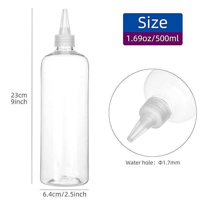 Hair Color Applicator, 16 Ounce Squeeze Bottle for Hair, PET Plastic Refillable With Clear Twist Top Cap - 2 Pack, Transparent