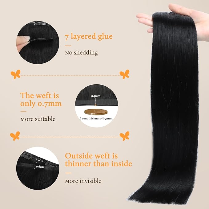 DOORES Seamless Clip-in Real Human Hair Extensions, Jet Black 110g 16 Inch 7pcs, Straight Remy Natural Hair Invisi Edge Clip-ins