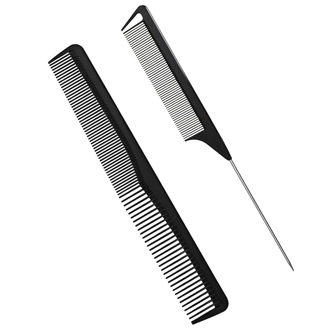 2Pcs Hair Combs for Women and Men，Combs for Hair Stylist, Professional Black Carbon Fiber Teasing Comb，Fine and Wide Tooth Barber Comb for All Hair Types（Style 2）