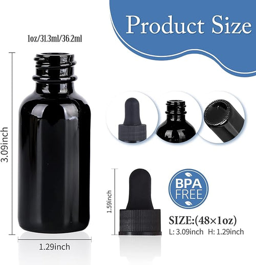 1 oz UV Resistant Dropper Bottle 48 Pack Black Glass Boston Bottles 30ml with Eye Droppers Black Caps for Essential Oils, Perfume, Leak Proof Travel Bottles for Liquids