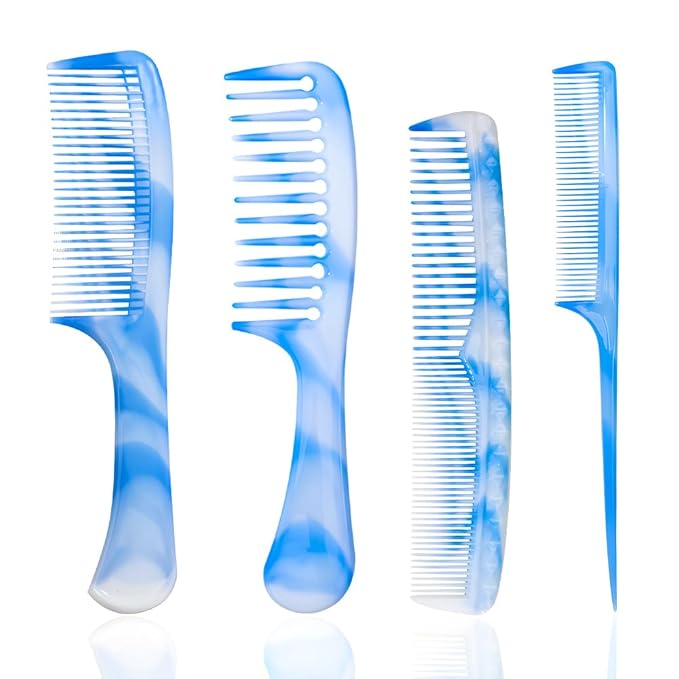 Hair Combs Set: Blue Fine-Tooth, Wide-Tooth, Rat Tail, and Dual-Purpose Comb for Men and Women - Ideal for Detangling and Styling Curls