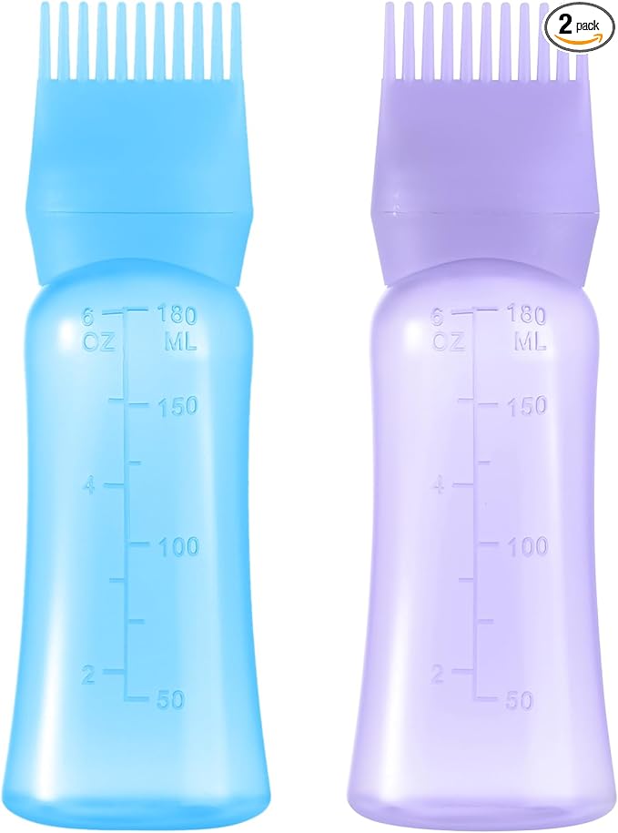 Root Comb Applicator Bottle 6 OZ, Hair Oil Applicator Bottles for Scalp with Massage Comb, 2 Pack Hair Dye Applicator with Graduated Scale (Purple, Blue)