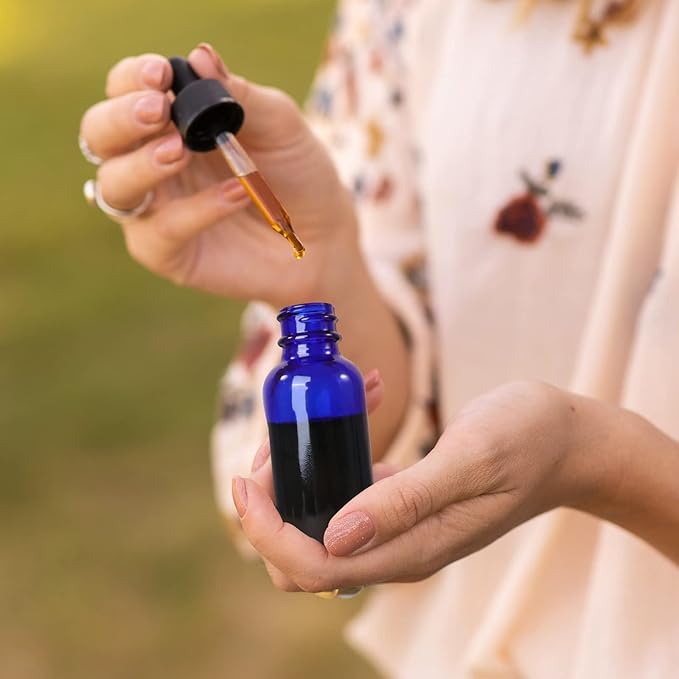 48 Pack 1oz Cobalt Blue Glass Bottles with Glass Eye Droppers for Essential Oils, Perfumes & Lab Chemicals (Brush, Funnels, 2 Extra Droppers, 54 Pieces Labels & 30ml Measuring Cup Included)