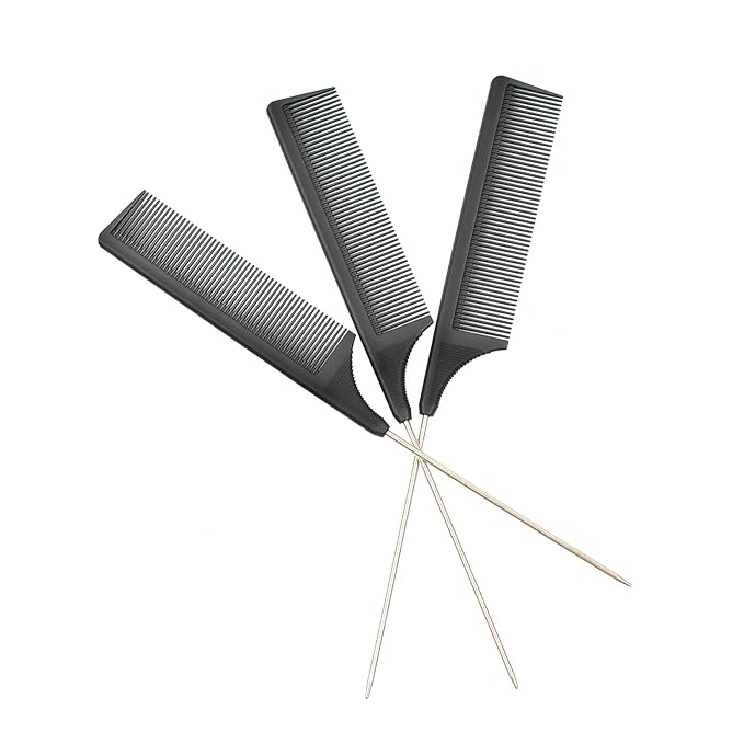 3 Pcs Rat Tail Combs Carbon Fiber Heat Resistant Teasing Hair Combs with Stainless Steel Pintail for All Hair Types (Black)