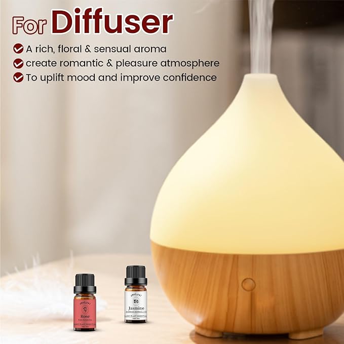 yethious Rose Essential Oil Jasmine Essential Oil for Diffuser, Hair, Skin, Body, Face, Perfume, Soap, Candle Making Rose Fragrance Oil Set Jasmine Oil Organic 2 X 10ML