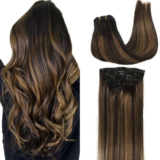 GOO GOO Clip in Hair Extensions Real Human Hair, Remy Human Hair Extensions Clip ins for Women, Natural Human Hair, 12inch 85g 7Pcs, 1B/6/1B Balayage Natural Black to Chestnut Brown