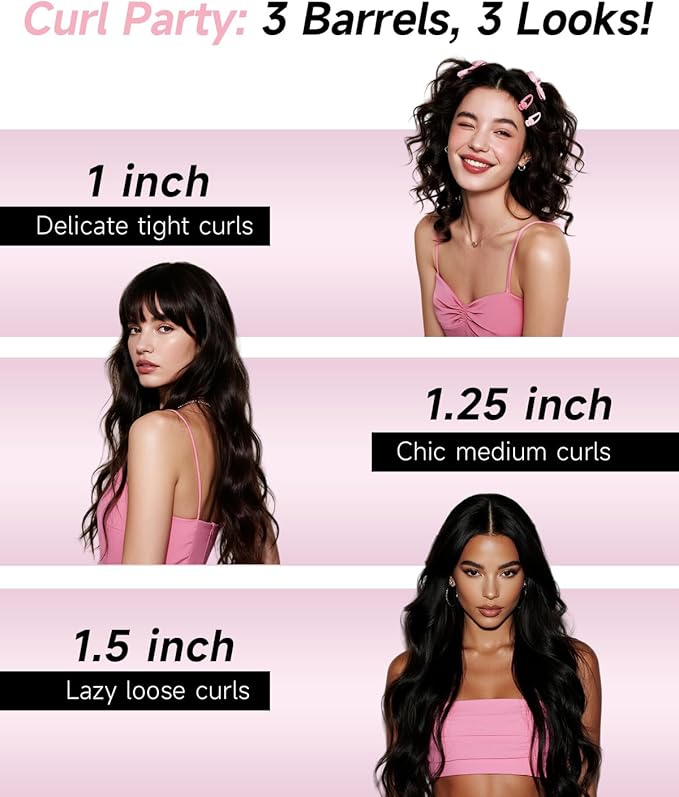 3 in 1 Automatic Curling Iron, Hair Curlers with 3 Curling Barrels (1" - 1.25" - 1.5"), Rotating Curling Iron with 3 Temp, 2-Way Rotation, 10S Fast Heating, Anti-Scald, Dual Voltage, Pink
