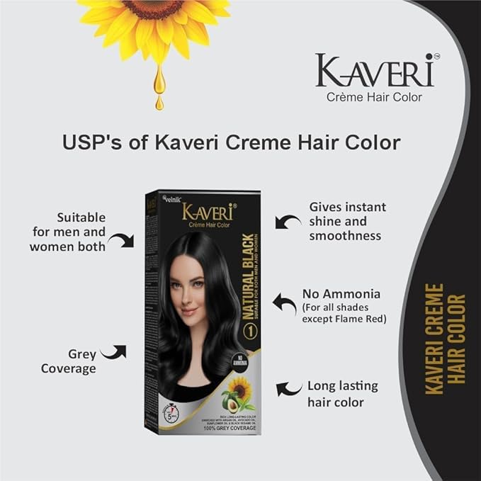 Kaveri Creme Hair Color Permanent Hair Dye Color - With Improved Creme Formula for 100% Gray Coverage Ammonia Free Hair Color Dye for Rich Bright Long lasting (Natural Black, 3.04 Fl Oz)