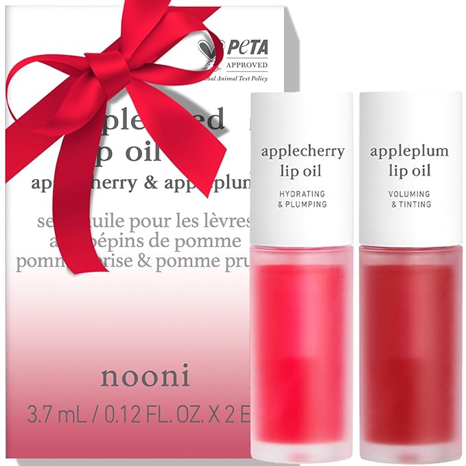 NOONI Korean Lip Oil Set - Applecherry & Appleplum | Long-Lasting, Moisturizing, Plumping, Revitalizing for Dry Lips, Waterproof, No Peel Off, Stocking Stuffers, 0.12 FL Oz x 2ea