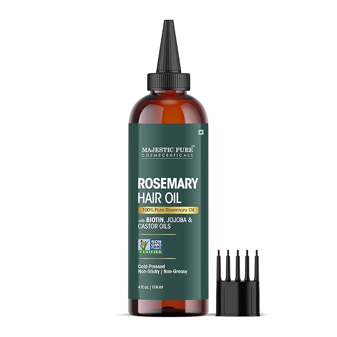 Majestic Pure 100% Pure Rosemary Oil for Hair Growth - Strengthening, Nourishing, Volumizing - Infused with Biotin Oil, Jojoba Oil & Castor Oil - Non GMO Verified - 4 Fl Oz - With Applicator