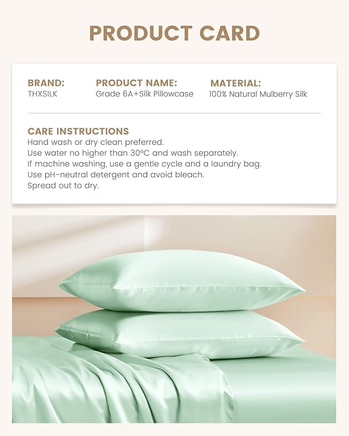 THXSILK 100% Mulberry Silk Pillowcase for Hair and Skin Health, Soft Breathable and Smooth Pillowcase with Hidden Zipper, Both Sides Premium Grade 6A+ Silk, 1pc (Standard 20"x26", Turquoise Green)