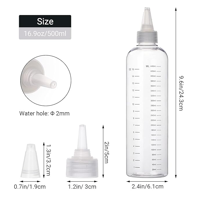 Segbeauty 16.9oz Hair Dye Bottles, 2Pcs 500ml Refillable Measured Hair Color Applicator Bottles, Clear Hair Color Squeeze Bottle with Graduated Scale, PET Twist Top Cap Tip Plastic Empty Dyeing Tool