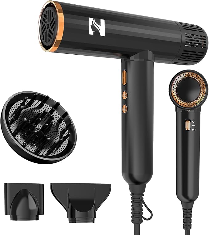 Nicebay Ionic Hair Dryer with diffuser for Curly Hair,1600W &110000RPM High-Speed Brushless Motor for Fast Drying,Professiona Blow Dryer for Women,Low Noise,Lightweight,Lock Function,Travel Home Salon