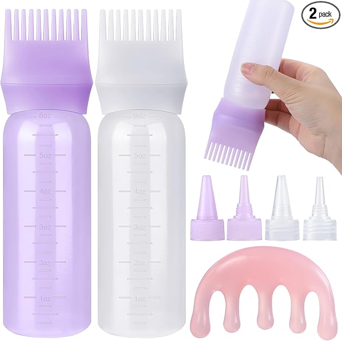 Pimoys Hair Oil Applicator Bottle for Scalp, Root Comb Applicator Bottles Hair Dye Squeeze Bottle Coloring Tools，2 Pack (Purple, White) with 4 Pointed Mouth Cover and Massage Comb