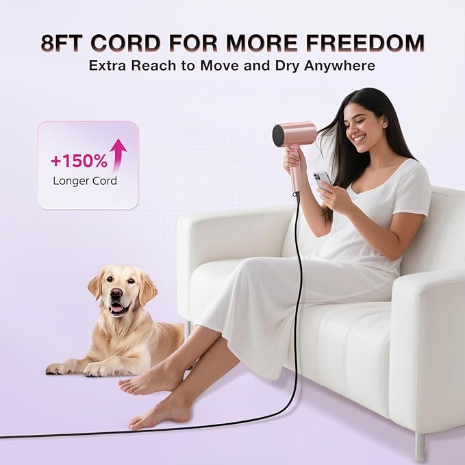 Ionic Diffuser Hair Dryer for Curly Hair, 1875W Fast Drying Blow Dryer with Diffuser and Concentrator Nozzle, Compact & Portable Negative Ion Hairdryer Blowdryer, 3 Heat 2 Speed Settings, Pink