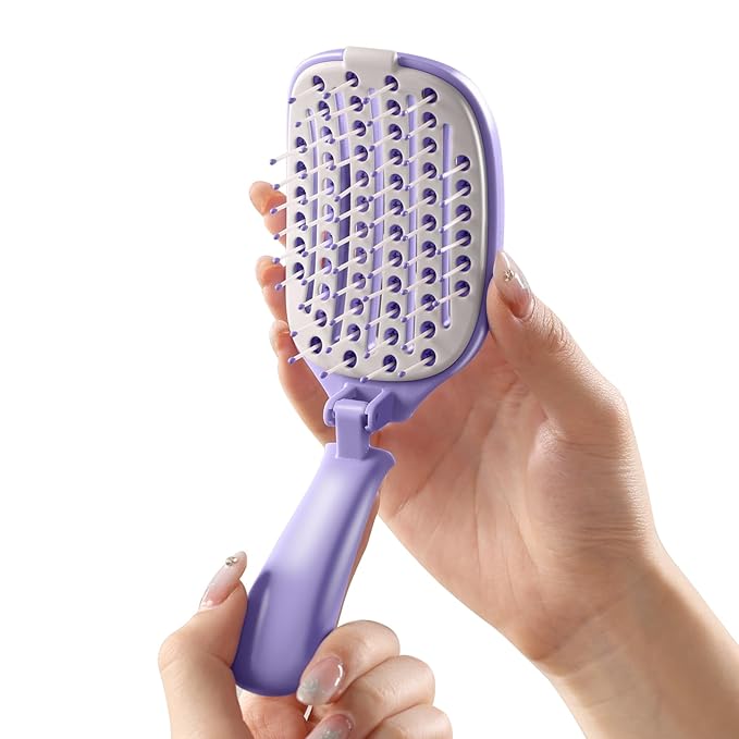 Travel Foldable Hair Brush,Self-cleaning Portable Pocket Hair Brush for Thin Thick Hair, Vented Speed Dry HairBrush for Men Women Kids Thick Thin Curly Straight Wet Dry Hair(Purple)