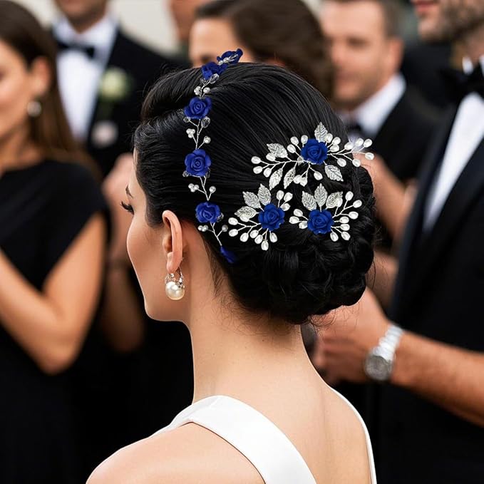 Wedding Hair Accessories Hair pieces Set Crystal bridal hair pins Rhinestone Pearl hair comb Brides and Bridesmaids, Girls, Women(（4PCS/SET BLUE)