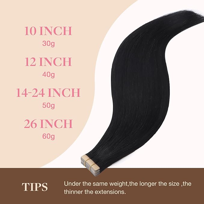 GOO GOO Tape in Hair Extensions Human Hair, 1 Jet Black, 10inch 20pcs 30g, Silky Straight, Thick Ends, Natural-Looking, Double-Sided Tape in