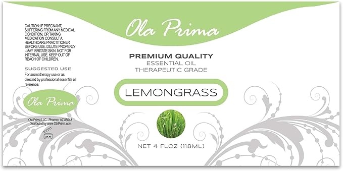 Ola Prima Lemongrass Essential Oil 4 oz Lemon Grass Essential Aromatherapy Oil for Skin, Hair and Diffuser