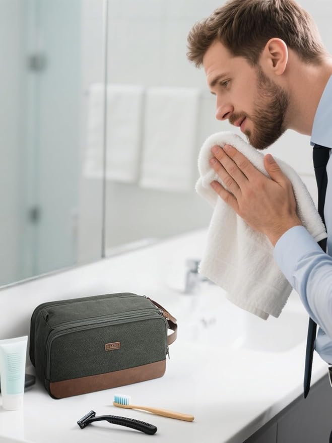 WANDF Toiletry Bag for Men Travel Toiletry Organizer Canvas and Leather Dopp Kit Water-Resistant Shaving Bag for Travel Accessories (Green, Medium)