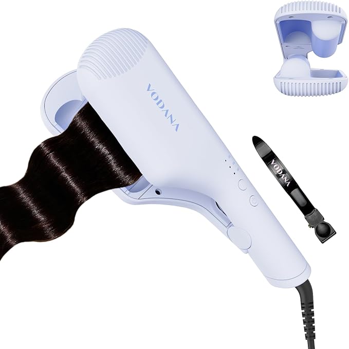 VODANA Compact Triple Flow Hair Waver - Portable Ceramic Curling Iron, Long-Lasting Beach Waves, Fast Heat-Up Double Barrel (1.25 inch, Powder Blue)