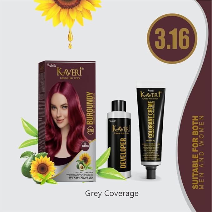 Kaveri Creme Hair Color Permanent Hair Dye Color - With Improved Creme Formula for Gray Coverage Ammonia Free Hair Color Dye for Rich Bright Long lasting (Burgundy, 3.04 Fl Oz) - Pack Of 3