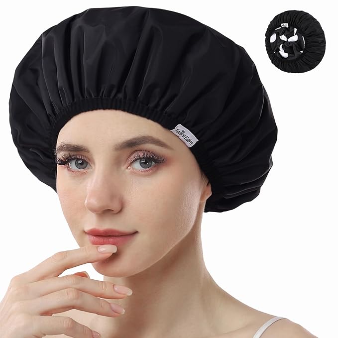 Years Calm Shower Caps For Women Reusable Waterproof，Pattern And Solid Color Dual-Layer Design For Dual-Layer Usable，Protects Hair In Shower, Spa, Cooking, Clean & Travel (Black, One Size)