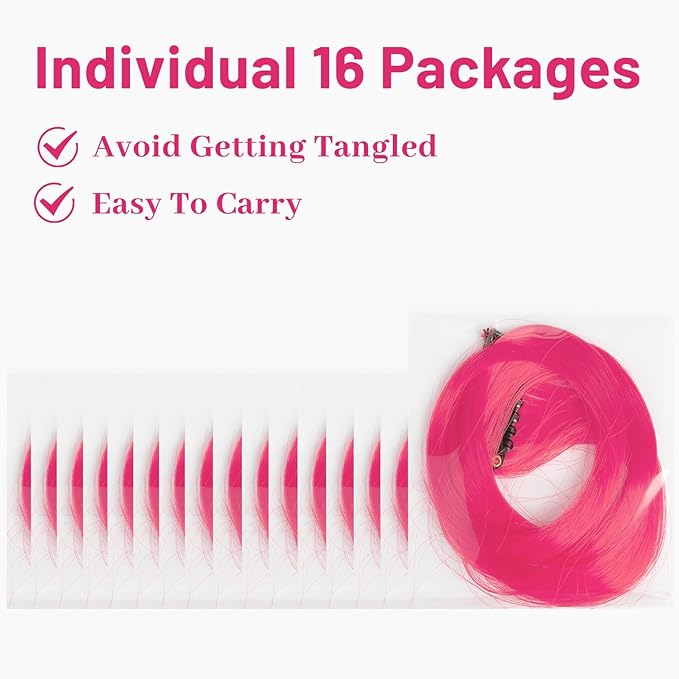 16 Pcs Colored Hair Extensions Curly Wavy Clip in Synthetic Hairpiece Streak for Girls Women Kids, Multi-colors Party Highlights Cosplay Festival Favor Gift(Hot Pink)